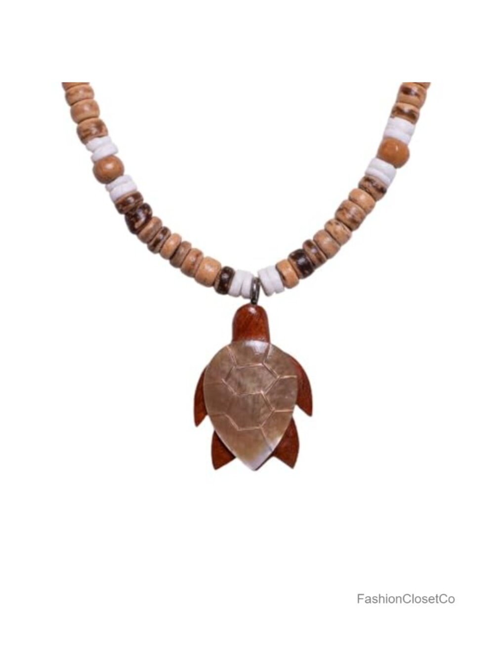 Wood & Shell Sea Turtle Pendant Necklace Coconut Shell Beads 18"